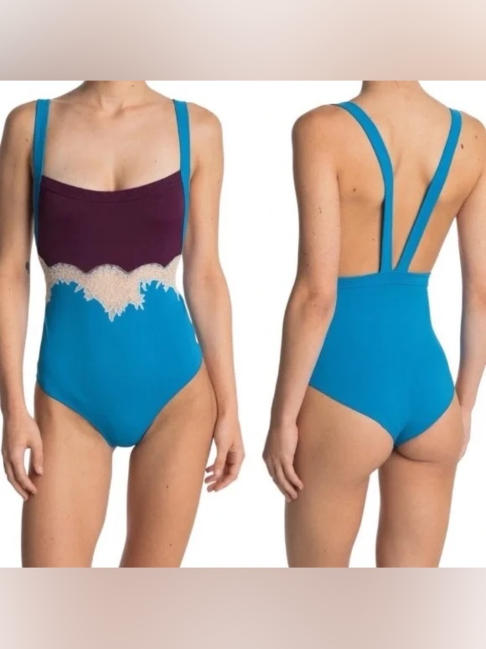 Valentino LACE TRIM COLORBLOCK BODYSUIT IN CERULEAN size S